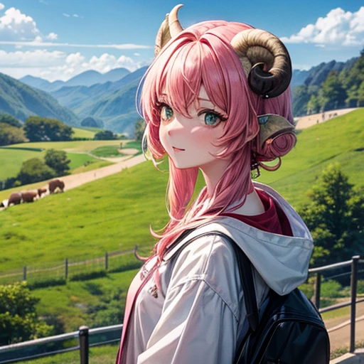 One girl, animal_ear, Slope, Slope_background, green_background, Looking_in_Audience, pink_hair, Solo by JM Farm with sheep