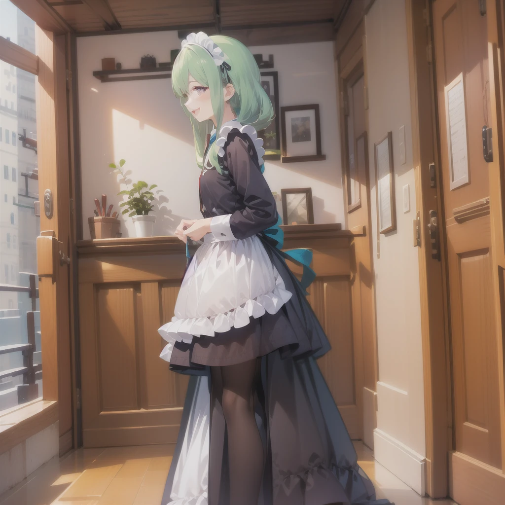 1girl,solo,bangs,ennafol,best_quality,green_hair,masterpiece,purple_eyes,very_long_hair,outdoors,:D,indoors,maid,maid headdress, maid apron, from_side,smile,looking to the side, looking away, flat chest,