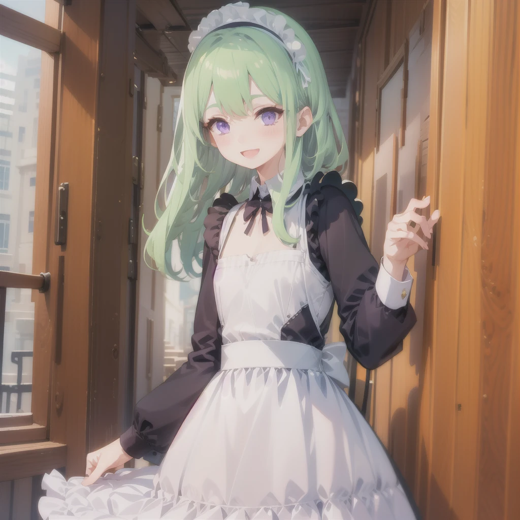 1girl,solo,bangs,ennafol,best_quality,green_hair,masterpiece,purple_eyes,very_long_hair,outdoors,:D,indoors,maid,maid headdress, maid apron, from_side,smile,looking to the side, looking away, flat chest,