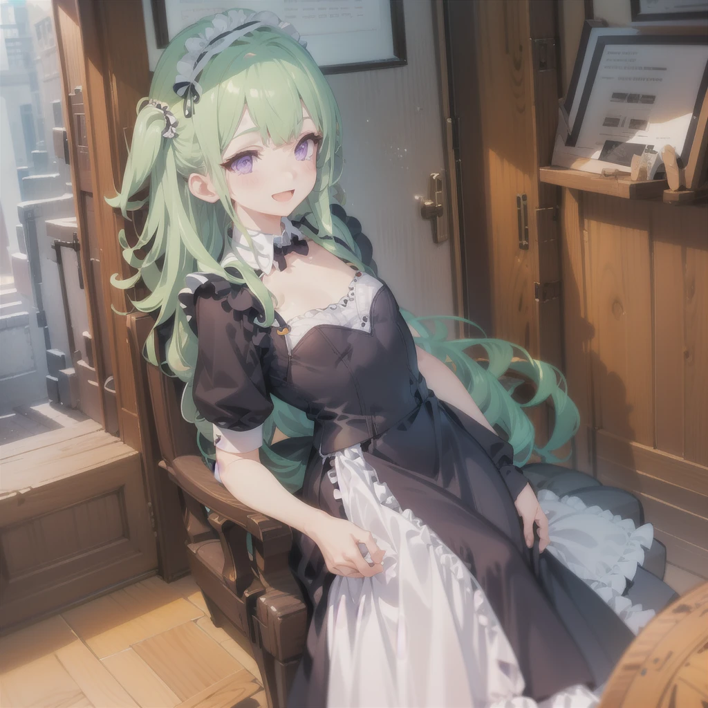 1girl,solo,bangs,ennafol,best_quality,green_hair,masterpiece,purple_eyes,very_long_hair,outdoors,:D,indoors,maid,maid headdress, maid apron, from_side,smile,looking to the side, looking away, flat chest,