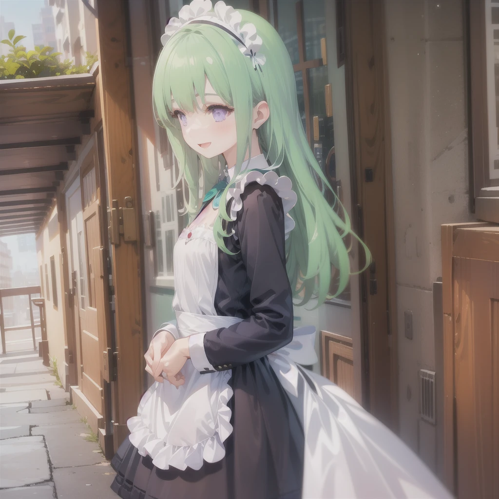 1girl,solo,bangs,ennafol,best_quality,green_hair,masterpiece,purple_eyes,very_long_hair,outdoors,:D,indoors,maid,maid headdress, maid apron, from_side,smile,looking to the side, looking away, flat chest,