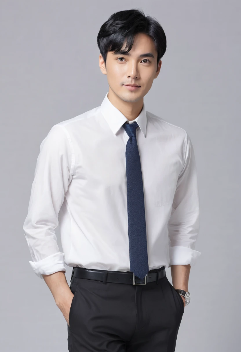 Japanese　male　Normal face　Short black hair　Office casual attire　