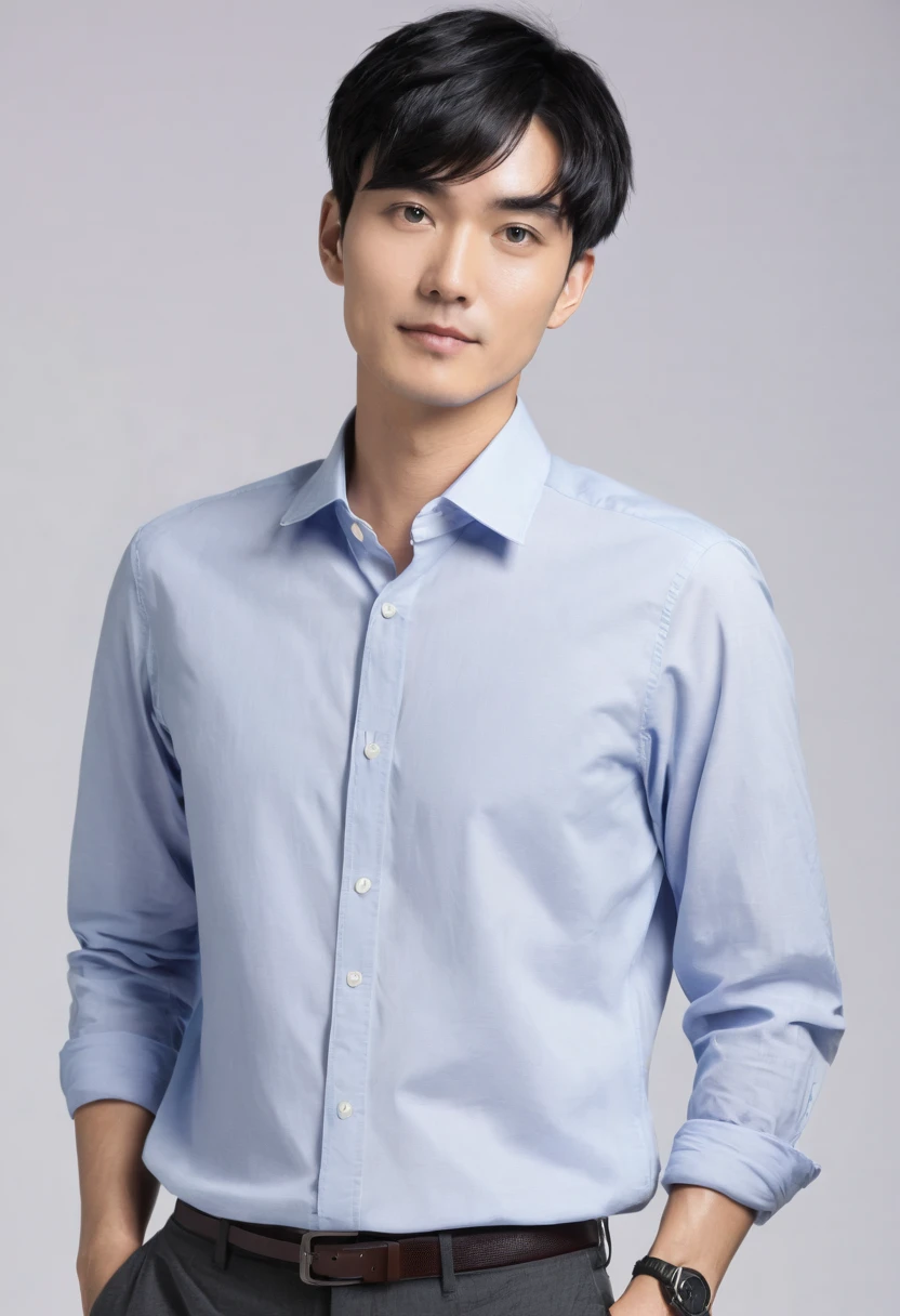 Japanese　male　Normal face　Short black hair　Office casual attire　
