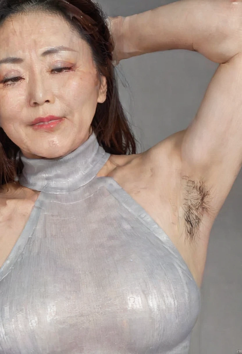 High resolution, high resolution, High detail, masterpiece, Rough skin, Anatomically correct arms, sharp, Gray background((Japanese Mature, 50 years old)), alone, ((Close your eyes and open your mouth))、(Strong orgasm)、Facial wrinkles, Shapely large breasts, Straight light brown hair that reaches the shoulders, Slim figure (((Stand upright, Facing the center of the screen.))), Close your mouth and look ahead with a serious face, ((Cowboy Shot))Brow wrinkles、white Turtleneck Sleeveless Knit、((Raise your arms behind your head)),,(Armpits are wet with sweat and glisten),perfect beautiful face