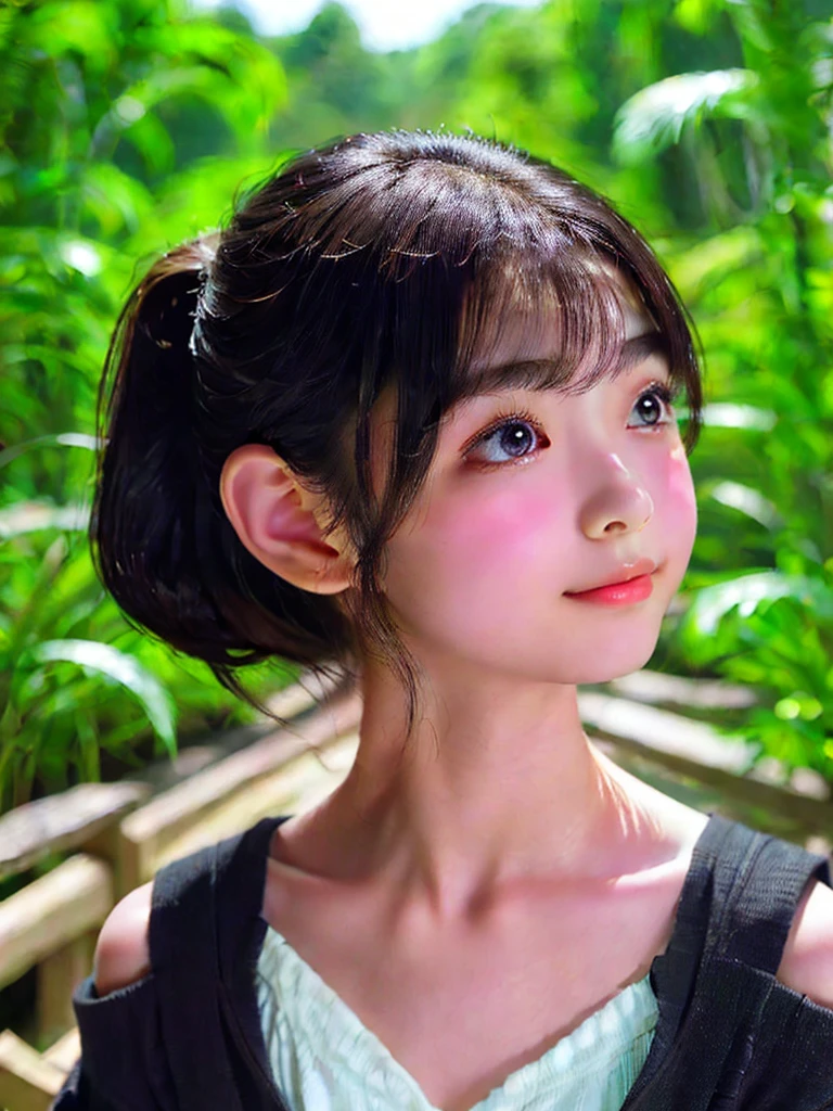 One Girl，(1人のとてもcute女の子:1.3)，masterpiece，Highest quality，High resolution，From below，Low - Angle，Photorealistic，RAW Photos，Ray Tracing，beautiful girl，(15 years old:1.3)，cute，Big eyes，(detailed pupils:1.2)，(Face turned to the side:1.3)，Cute nose，Beautiful nose，Upturned nose，Fuller lips，Short black hair，ponytail，short hair，Detailed eyelashes，Thin eyebrows，Very fine grain definition，(profile:1.3)，(Face close-up，Face Focus:1.0)，Small breasts，Short neck，Off the shoulder，The outline of a person emerges，Dark Background，forest，Portrait，Look to the side，Upper Body，Cinema Lighting，High resolution，Very detailed