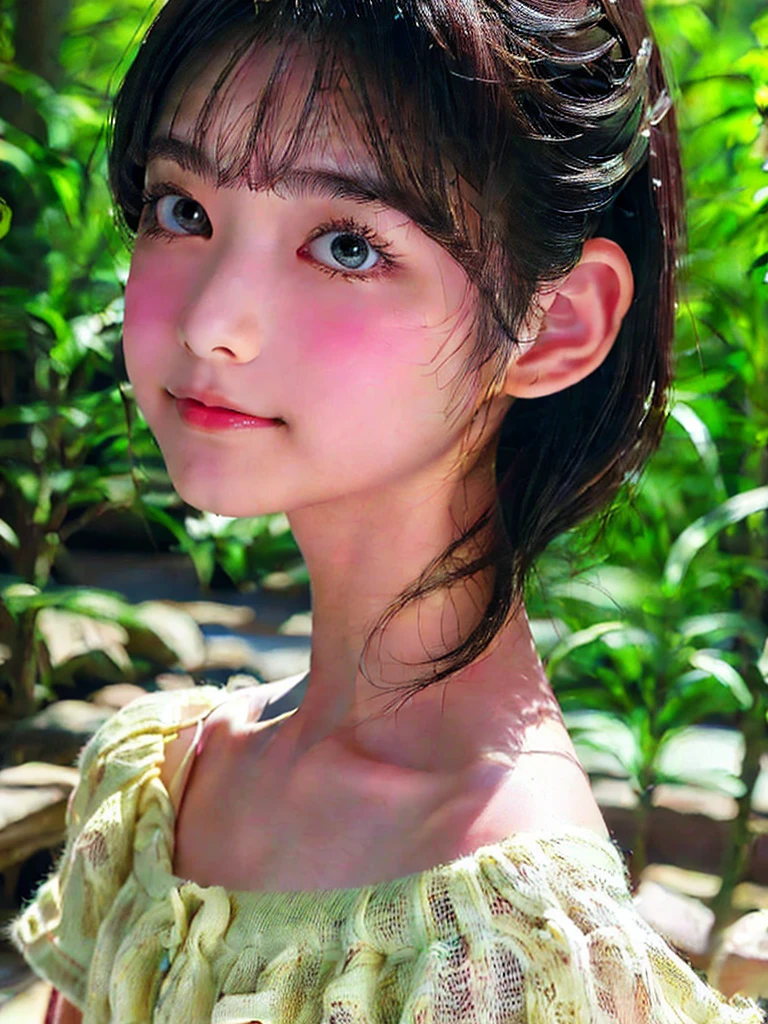 One Girl，(1人のとてもcute女の子:1.3)，masterpiece，Highest quality，High resolution，From below，Low - Angle，Photorealistic，RAW Photos，Ray Tracing，beautiful girl，(:1.3)，cute，Big eyes，(detailed pupils:1.2)，(Face turned to the side:1.3)，Cute nose，Beautiful nose，Upturned nose，Fuller lips，Short black hair，ponytail，short hair，Detailed eyelashes，Thin eyebrows，Very fine grain definition，(profile:1.3)，(Face close-up，Face Focus:1.0)，Small breasts，Short neck，Off the shoulder，The outline of a person emerges，Dark Background，forest，Portrait，Look to the side，Upper Body，Cinema Lighting，High resolution，Very detailed