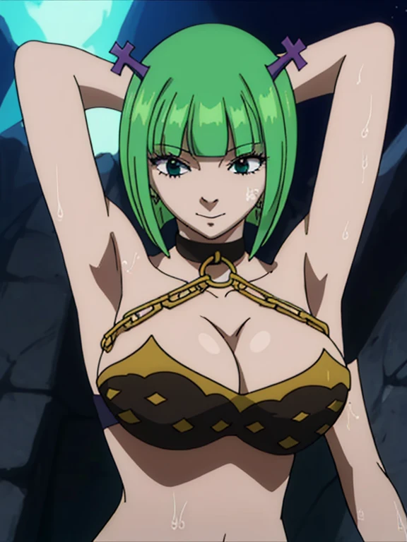 Best quality, masterpiece, ultra high res, 1girl, y, in the dark, deep shadow, low key, cold light, milreen short hair, dynamic light, cinematic lighting, cinematic lighting, down blouse, mature  middle parted hair, bikini, gold chain,natural breast, upper milf, brandish, simsmile, armpits visible, detailed armpits, sweaty armpits