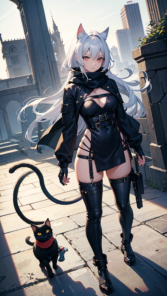 work of art, best qualityer, high resolution, 1 girl, synonym 1, scarf, mitts, ninja mask, long sleeves, leather pants, White hair, Cat's ears, cat tail, roupas de rogue, leather pants, thigh strap, holding, holding faca, heterochromia, yellow eye, blue eye, , hooded cloak, rogue, ninja, ruins, Mediovale