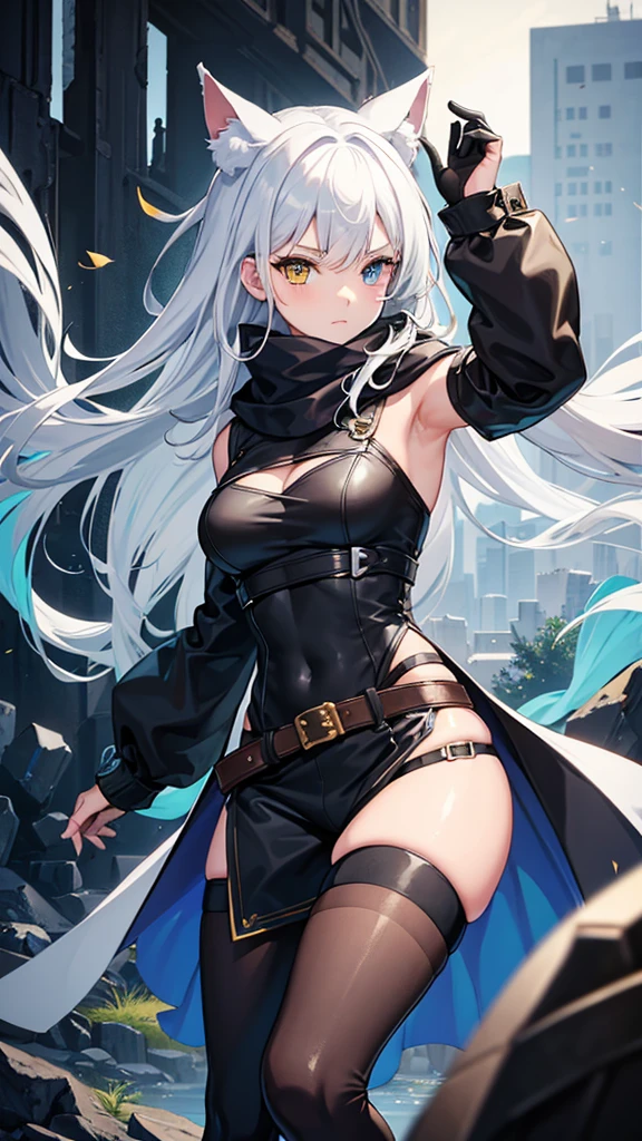 female, solo, young, sexy body, voluptuous figure, tightsuit, white hair, decolored blonde hair, ice effects around, ice queen, beautifull face, long hair, defined body, yellow and bright eyes, thick legs, strong legs, tall, Voluptuous legs, huge ass, big hip, big ass, female sorcerer, blue and black robes,