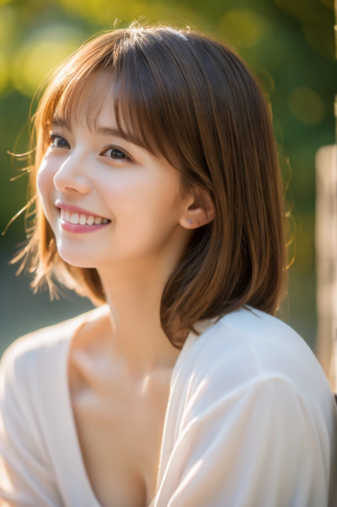 (Masterpiece:1.3), (8k, Photorealistic, RAW Photography, Best Quality: 1.4), soft light, professional lighting, 1girl, 30 years old, neat and clean beauty, closed mouth, smile, Brown Medium hair, outdoors