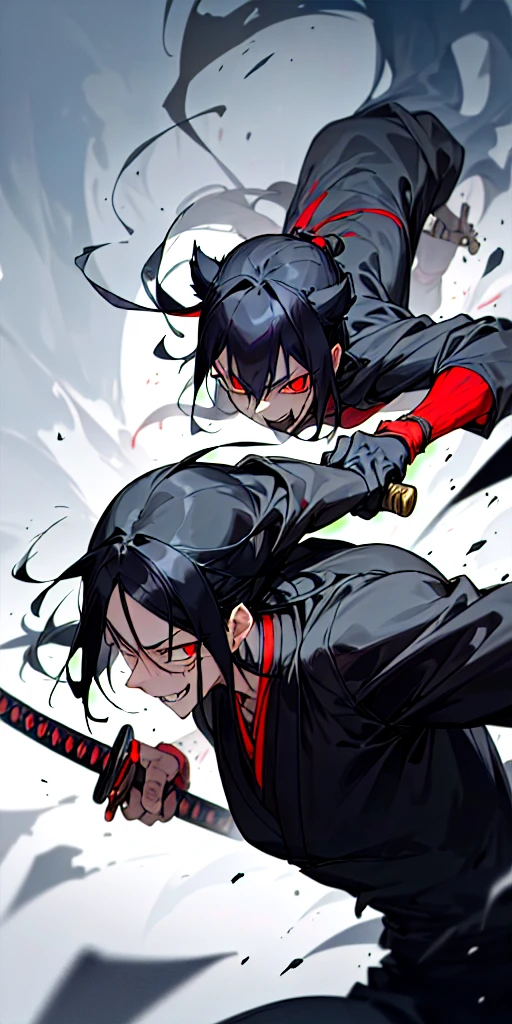 (Kuro is a cruel and ruthless individual, with black hair that falls over her shoulders. Your smile is sinister, revealing a deep malice. He has the strength and agility of a werewolf., and your katana is cursed, Cutting through reality like it's paper. Your yellow eyes shine like gold, reflecting your dark nature.