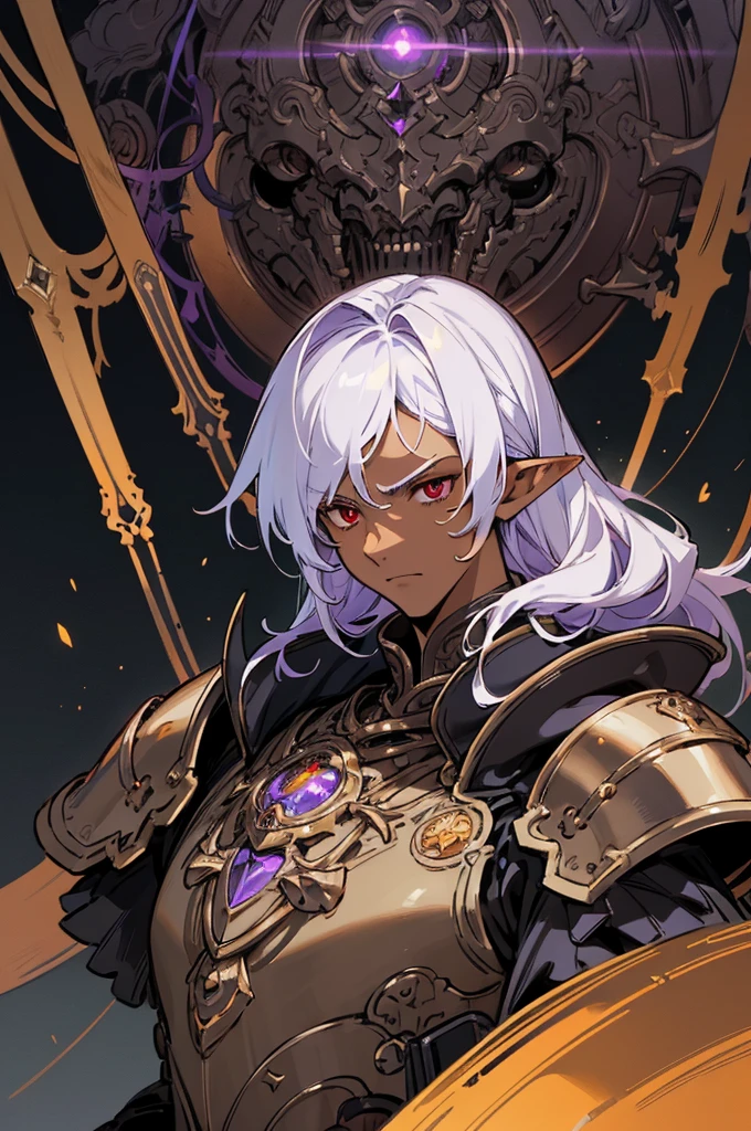 masterpiece, best quality, ultra high res, dark theme, 1boy, (dungeonpunk armor), (mechanical steampunk armor), (wearing armor), fantasy illustration, dark skinned, human, upper body, portrait, red eyes, long white hair, half-drow, pointy ears, serious face, young man, dramatic lighting, purple hue, art by Kinema Citrus