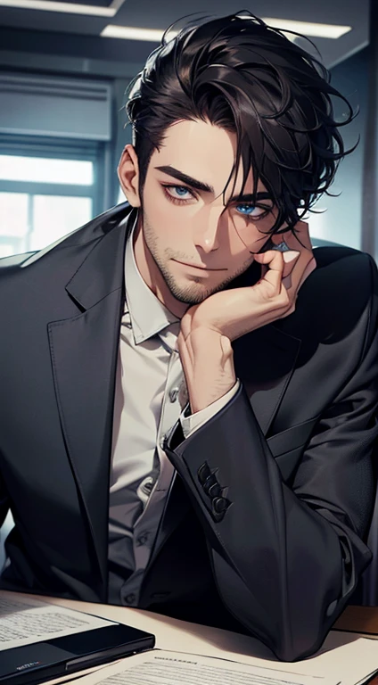 (best quality,4k,8k,highres,masterpiece:1.2),ultra-detailed,(realistic,photorealistic,photo-realistic:1.37),1 man,31 years old,mature man,very handsome,without expression,smile,short grey black hair,blue eyes,penetrating gaze,perfect face without errors,imposing posture,businessman,office background,cinematic lighting,hdr image