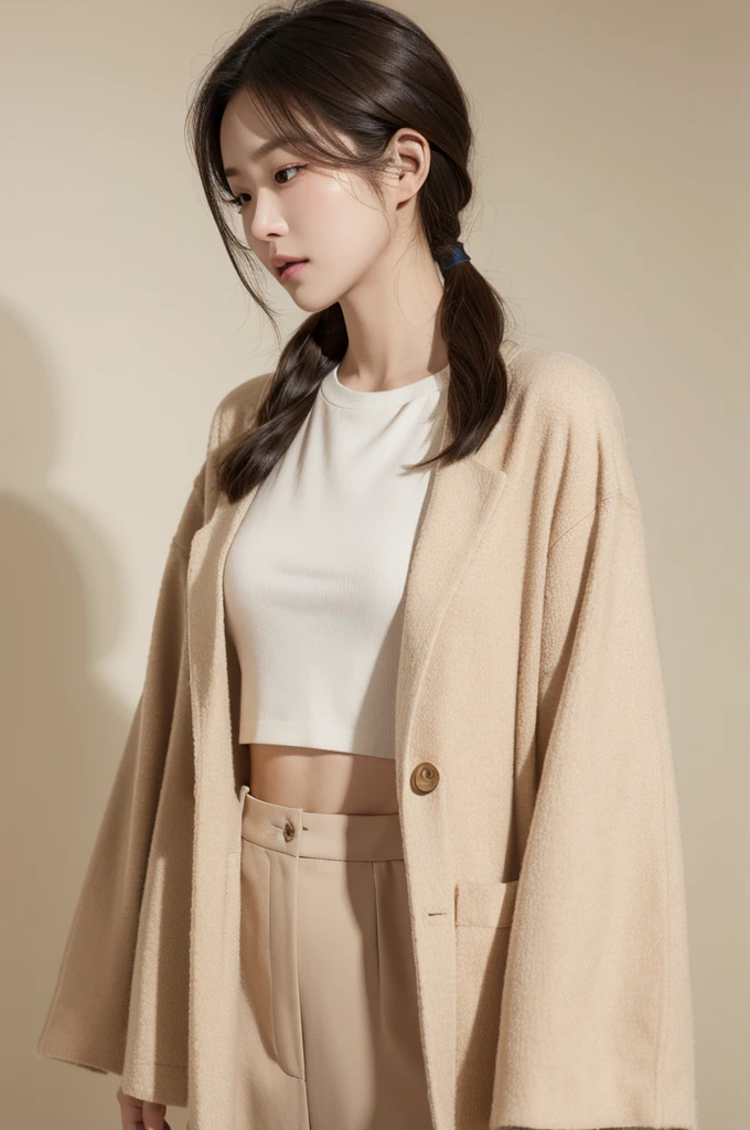 realistic light,natural light,white background,top quality、8 thousand、32,000、masterpiece、uhd:1.2)、photo of korean woman,small eyes,korean hair、dark brown hair、upper part of the body,bust、from above,beige short sleeve jacket,profile,launch,Tassel Cut,hime cut,shot머리, shot, short cut