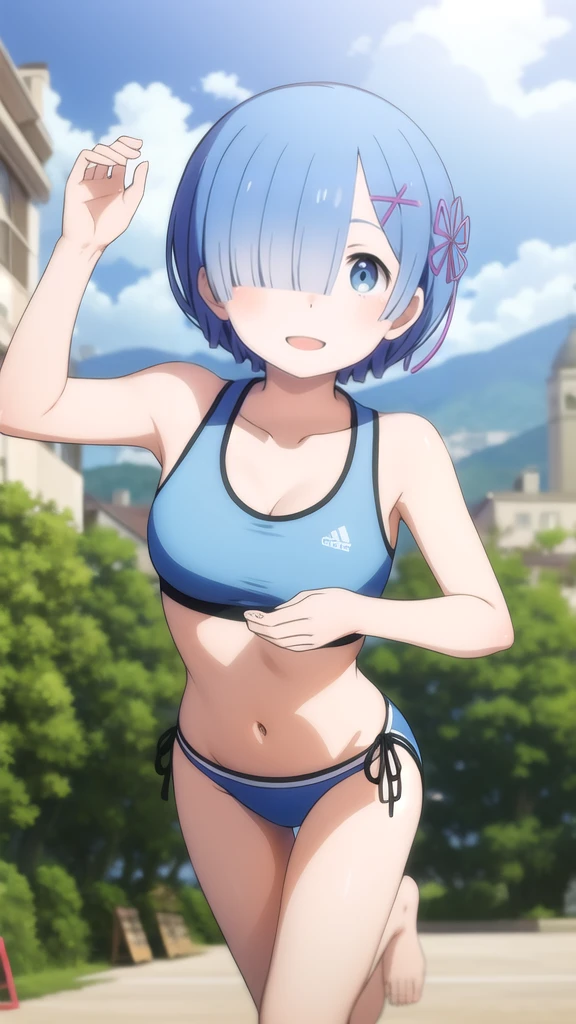 Rem, short hair,green eyes, hairclip,light blue bikini , sports bra, smile, barefoot, Landscape