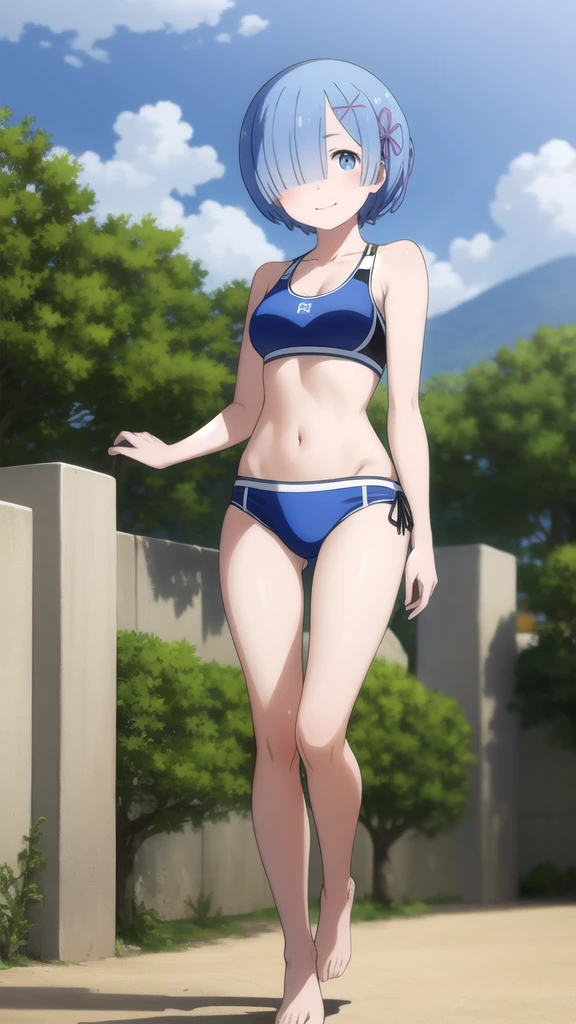 Rem, short hair,green eyes, hairclip,light blue bikini , sports bra, smile, barefoot, Landscape