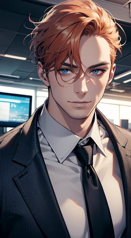 (best quality,4k,8k,highres,masterpiece:1.2),ultra-detailed,(realistic,photorealistic,photo-realistic:1.37),1 man,31 years old,mature man,very handsome,without expression,smile,short grey orange hair,blue eyes,penetrating gaze,perfect face without errors,imposing posture,businessman,office background,cinematic lighting,hdr image