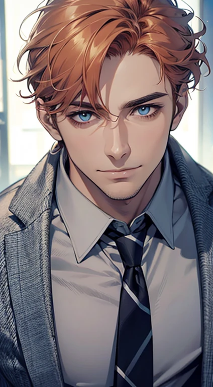 (best quality,4k,8k,highres,masterpiece:1.2),ultra-detailed,(realistic,photorealistic,photo-realistic:1.37),1 man,31 years old,mature man,very handsome,without expression,smile,short grey orange hair,blue eyes,penetrating gaze,perfect face without errors,imposing posture,businessman,office background,cinematic lighting,hdr image