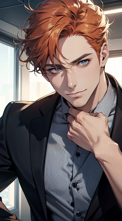 (best quality,4k,8k,highres,masterpiece:1.2),ultra-detailed,(realistic,photorealistic,photo-realistic:1.37),1 man,31 years old,mature man,very handsome,without expression,smile,short grey orange hair,blue eyes,penetrating gaze,perfect face without errors,imposing posture,businessman,office background,cinematic lighting,hdr image