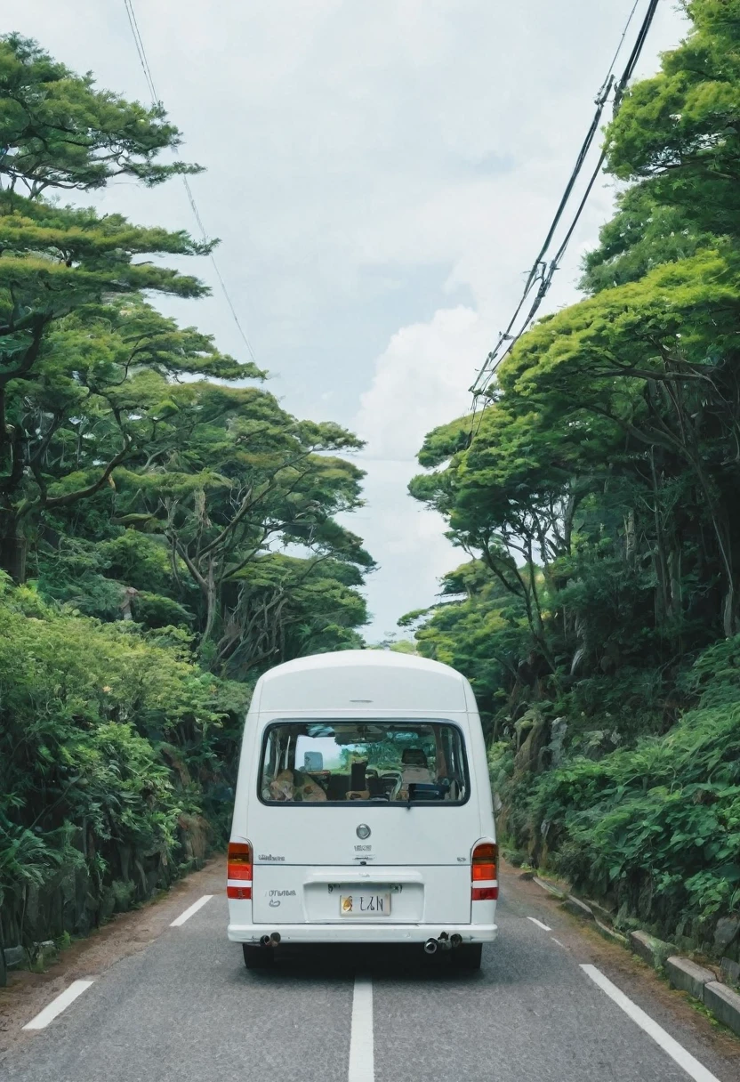 (Minimalism:1.4)、Minibus on the road、white、Studio Ghibli Art、Miyazaki、青空とwhiteい雲の牧草地