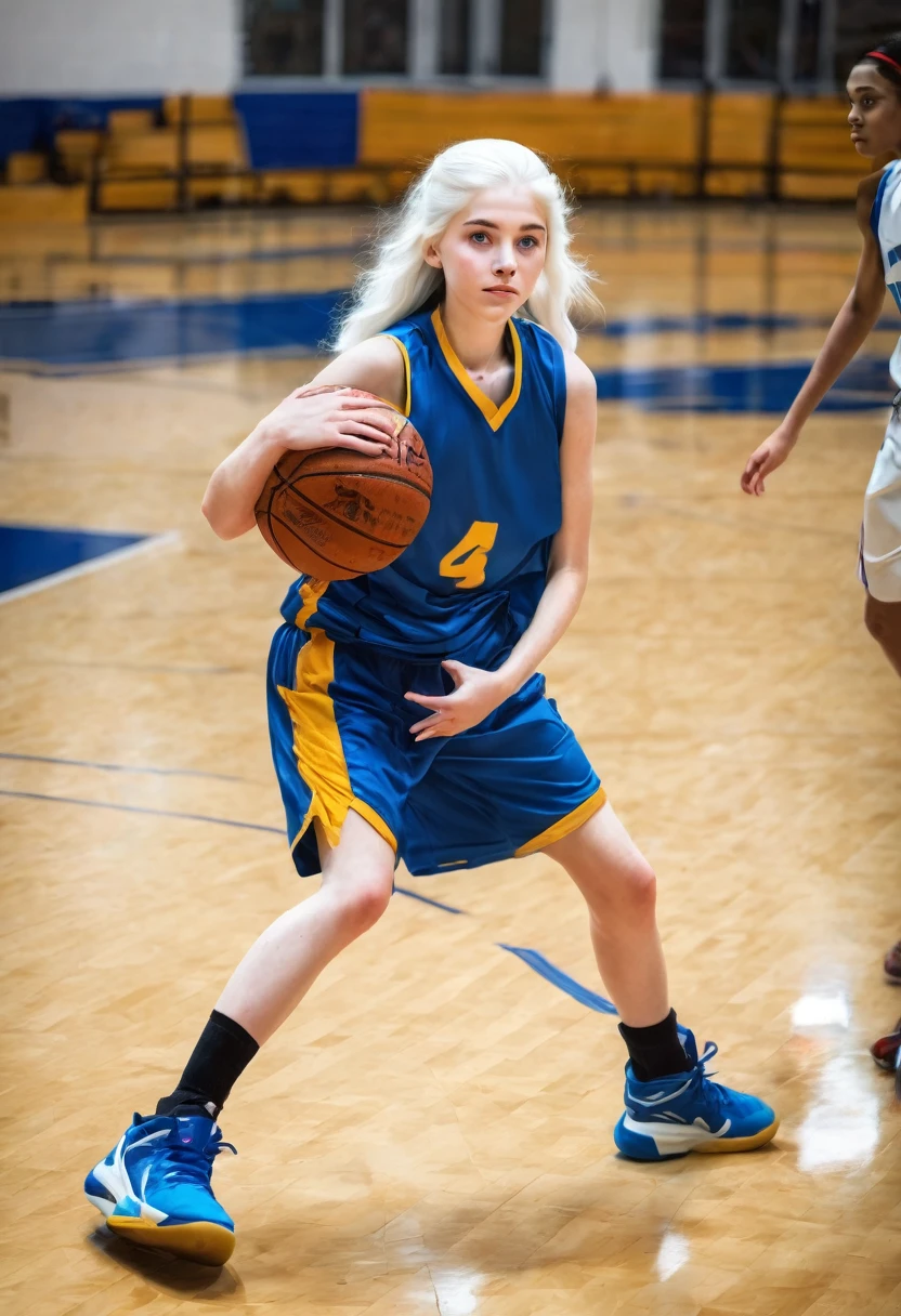 girl with white hair, blue eyes, white skin playing basketball full body