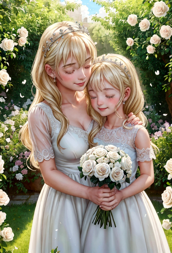 best quality,4k,8k,highres,masterpiece:1.2,ultra-detailed,realistic:1.37,portrait,beautiful mother and daughter in an Italian garden,medium:oils,classic Italian style,soft and warm colors,gentle lighting,delicate brush strokes,artistic masterpiece,pastel-hued flowers,bright blue sky and fluffy white clouds,fine details on their dresses,mother wearing an elegant white gown,daughter in a white dress with delicate lace,sparkling tiaras on their heads,smiling and joyful expressions,daughter holding a bouquet of white roses,embrace of love and innocence,subtle sunlight filtering through the trees,whisper of a gentle breeze,tranquil and peaceful atmosphere,mother's loving gaze,daughter's eyes full of excitement and joy,overall scene exudes purity and serenity.