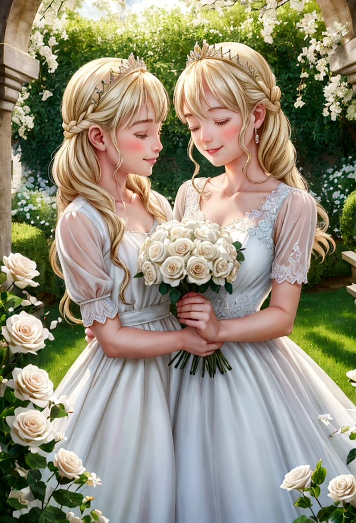 best quality,4k,8k,highres,masterpiece:1.2,ultra-detailed,realistic:1.37,portrait,beautiful mother and daughter in an Italian garden,medium:oils,classic Italian style,soft and warm colors,gentle lighting,delicate brush strokes,artistic masterpiece,pastel-hued flowers,bright blue sky and fluffy white clouds,fine details on their dresses,mother wearing an elegant white gown,daughter in a white dress with delicate lace,sparkling tiaras on their heads,smiling and joyful expressions,daughter holding a bouquet of white roses,embrace of love and innocence,subtle sunlight filtering through the trees,whisper of a gentle breeze,tranquil and peaceful atmosphere,mother's loving gaze,daughter's eyes full of excitement and joy,overall scene exudes purity and serenity.