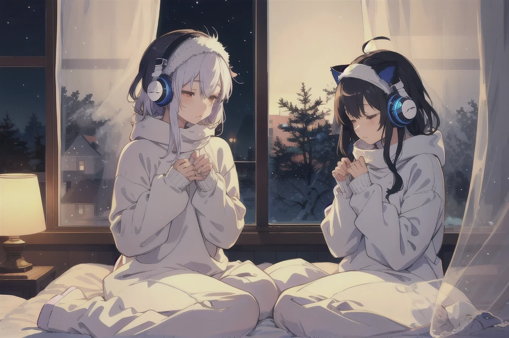 Wearing a big sweater、Wearing headband headphones、Lo-Fi、Quiet and tranquil atmosphere、Frosty、Looking out the window in the bedroom、night、静かなnight、Cat、masterpiece、Top quality detailed anime girls