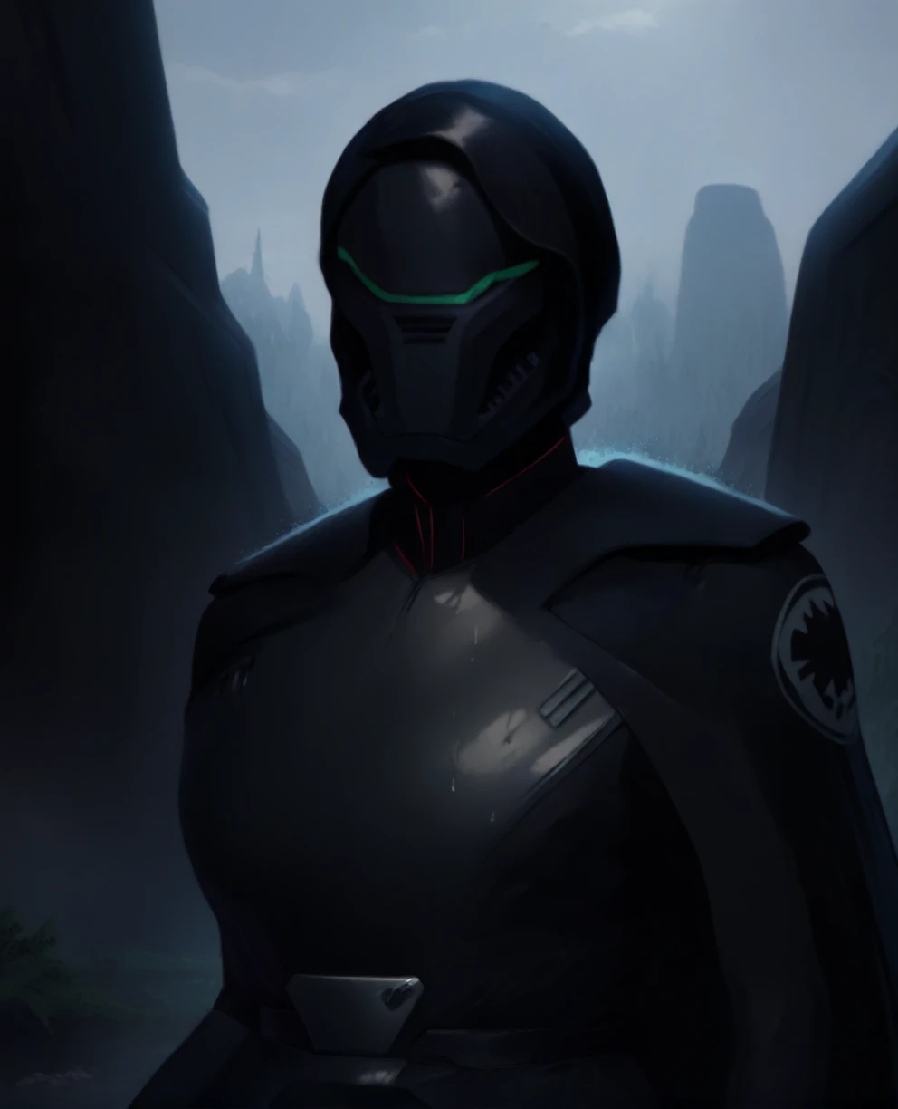 score_9,score_8_up,score_7_up,score_6_up, Trilla,green eyes,black hair, upper body, wet, armor,gloves,black bodysuit,black cape,belt,rain, science fiction,sith base, star wars, outdoors, rain, solo,fflixbag wearing armor sabine wren
