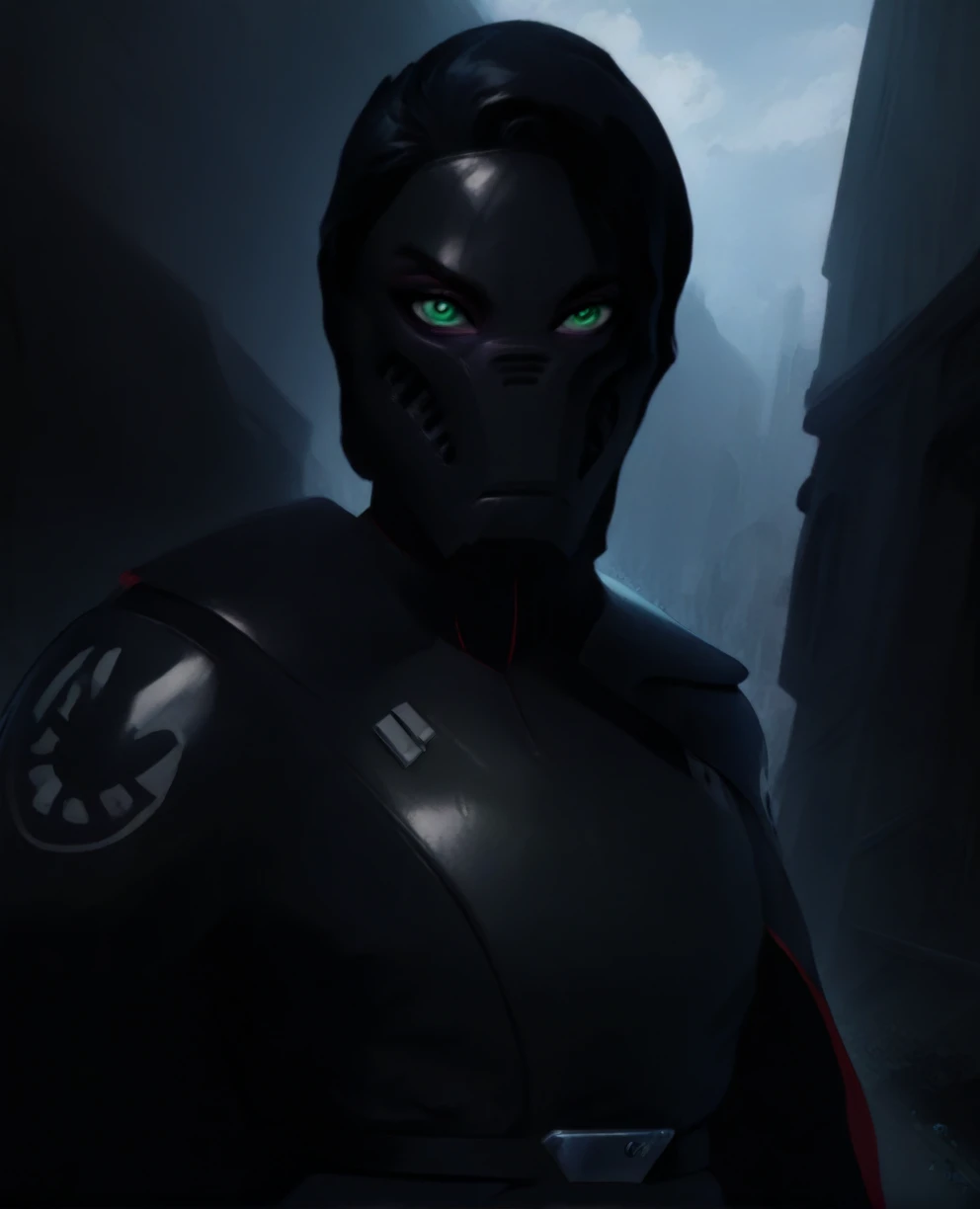 score_9,score_8_up,score_7_up,score_6_up, Trilla,green eyes,black hair, upper body, wet, armor,gloves,black bodysuit,black cape,belt,rain, science fiction,sith base, star wars, outdoors, rain, solo,fflixbag wearing armor sabine wren