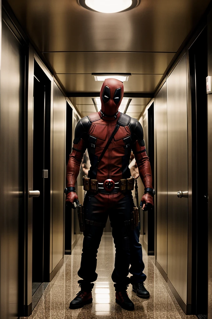 Deadpool and Tupac Shakur in an elevator, fisheye effect