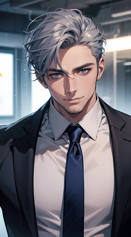(best quality,4k,8k,highres,masterpiece:1.2),ultra-detailed,(realistic,photorealistic,photo-realistic:1.37),1 man,31 years old,mature man,very handsome,without expression,smile,short grey blue hair,blue eyes,penetrating gaze,perfect face without errors,imposing posture,businessman,office background,cinematic lighting,hdr image