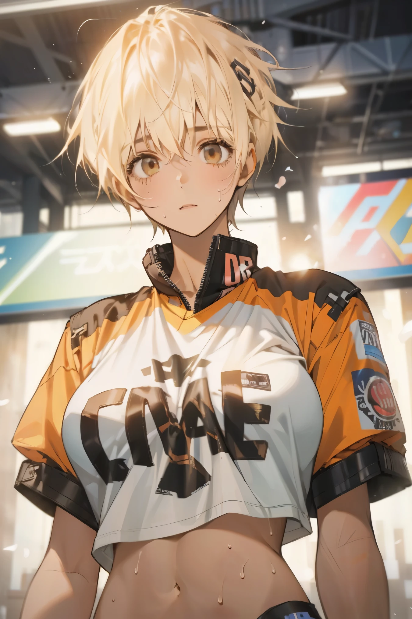 (1 Girl),large breast, breast, Brown, Skin is hydrated, Sweating of the skin, Wavy Blonde, Punk T-shirt, Punk Girl