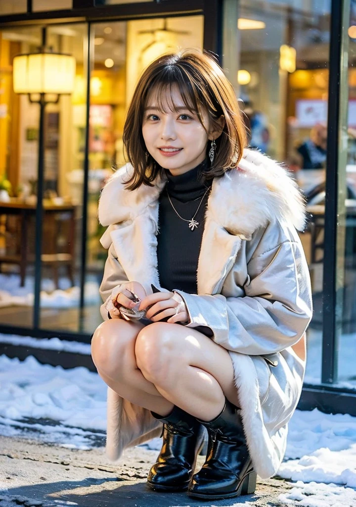 Outdoors in the city、Fur coat、豪華なグレーのミンクのFur coat、Wear leather boots、Luxury Bags、Inner turtleneck、Silver necklace and small silver earrings, Illionaire style:1.4))、Full body photo、smile、 Caustics、Highly detailed photos、Very beautiful woman 、Ample breasts、No makeup、(8K、RAW Photos、Highest quality、masterpiece:1.2)、(Realistic、Realistic)、1 Girl、((Medium Short Hair、Midwinter、Cold region Snow falling、The wind is blowing、Fluttering Hair、Blur the background、Colorful illuminations、Looking into the camera:1.4))、