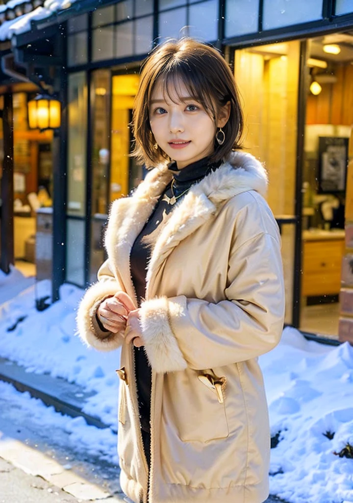 Outdoors in the city、Fur coat、豪華なグレーのミンクのFur coat、Wear leather boots、Luxury Bags、Inner turtleneck、Silver necklace and small silver earrings, Illionaire style:1.4））、Full body photo、smile、 Caustics、Highly detailed photos、Very beautiful woman 、Ample breasts、No makeup、(8K、RAW Photos、Highest quality、masterpiece:1.2)、(Realistic、Realistic)、1 Girl、((Medium Short Hair、Midwinter、Cold region Snow falling、The wind is blowing、Fluttering Hair、Blur the background、Colorful illuminations、Looking into the camera:1.4))、
