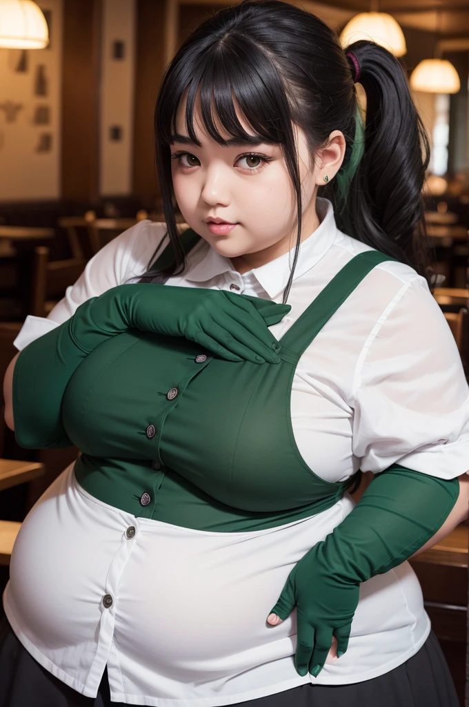 Very overweight girl with bigger super massive dark green hair in restaurant outfit and dark green gloves