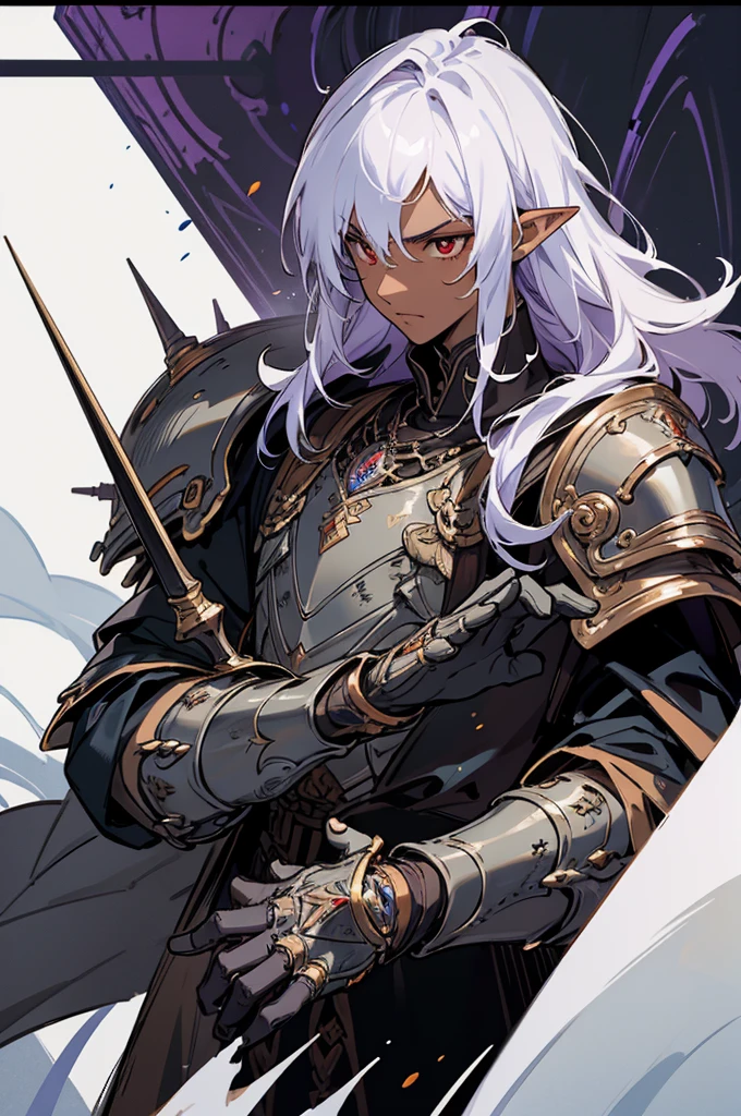 masterpiece, best quality, ultra high res, dark theme, 1boy, (dungeonpunk armor), (mechanical steampunk armor), (wearing armor), fantasy illustration, dark skinned, human, upper body, portrait, red eyes, long white hair, half-drow, pointy ears, serious face, young man, dramatic lighting, purple hue, art by Kinema Citrus