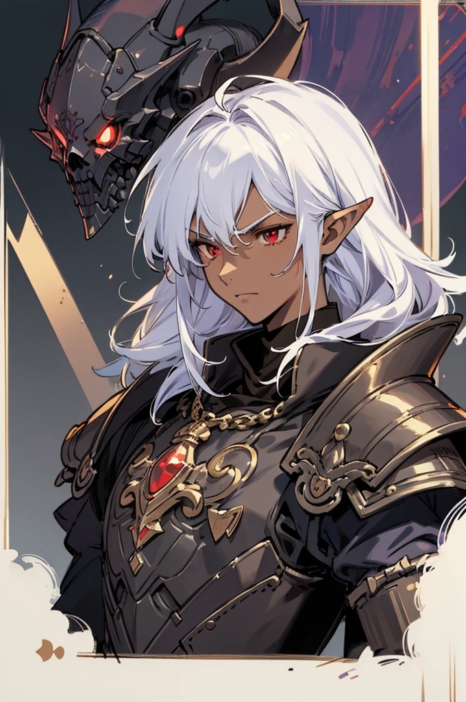 masterpiece, best quality, ultra high res, dark theme, 1boy, (dungeonpunk armor), (mechanical steampunk armor), (wearing armor), fantasy illustration, dark skinned, human, upper body, portrait, red eyes, long white hair, half-drow, pointy ears, serious face, young man, dramatic lighting, purple hue, art by Kinema Citrus