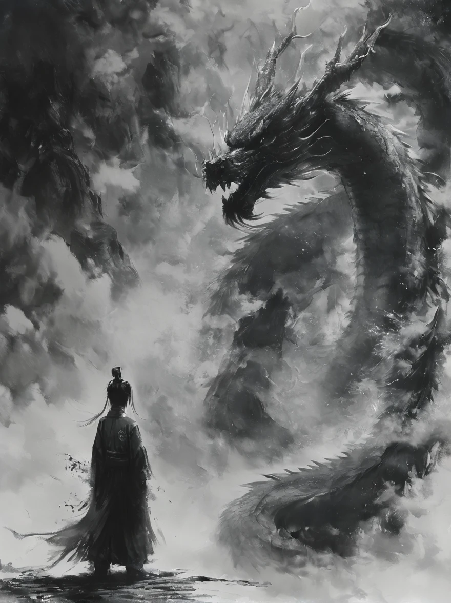 Anammo, dragon, sharp teeth, eastern dragon, 1 boy, single Hair Bun, teeth, permanent, monster, Solitary, trumpet, Male focus, Hair Bun, monochrome, robe, From the back, Size Difference, open mouth, paw, Spot Color