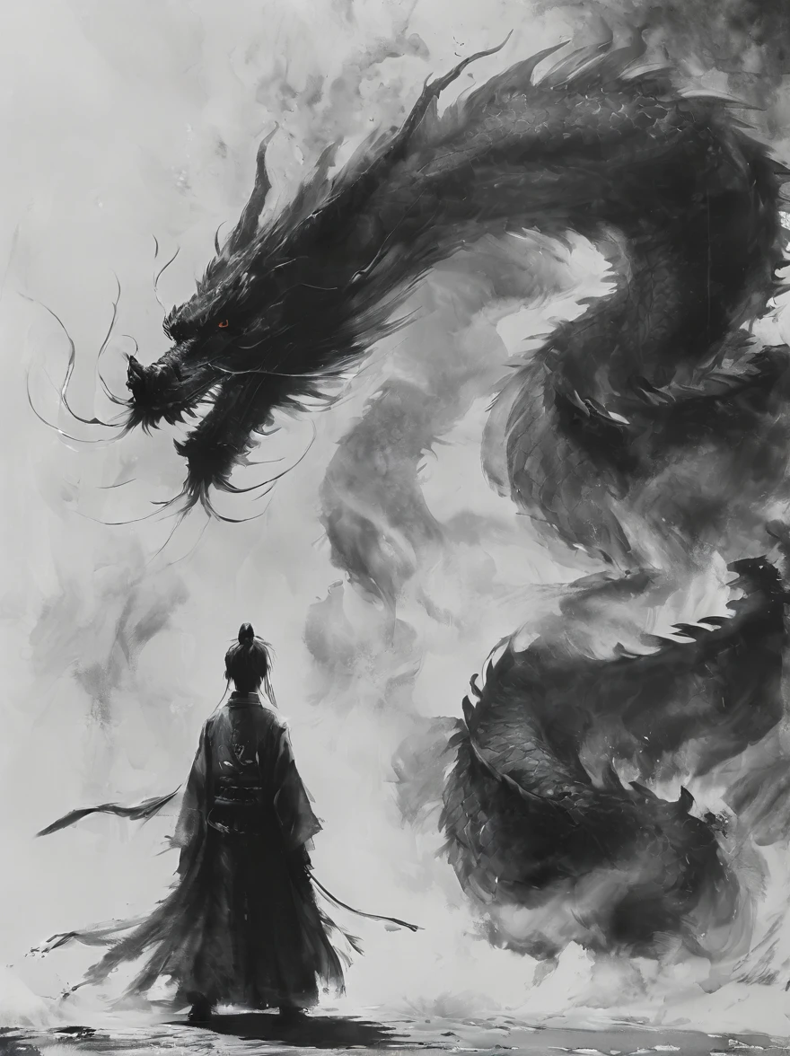 Anammo, dragon, sharp teeth, eastern dragon, 1 boy, single Hair Bun, teeth, permanent, monster, Solitary, trumpet, Male focus, Hair Bun, monochrome, robe, From the back, Size Difference, open mouth, paw, Spot Color