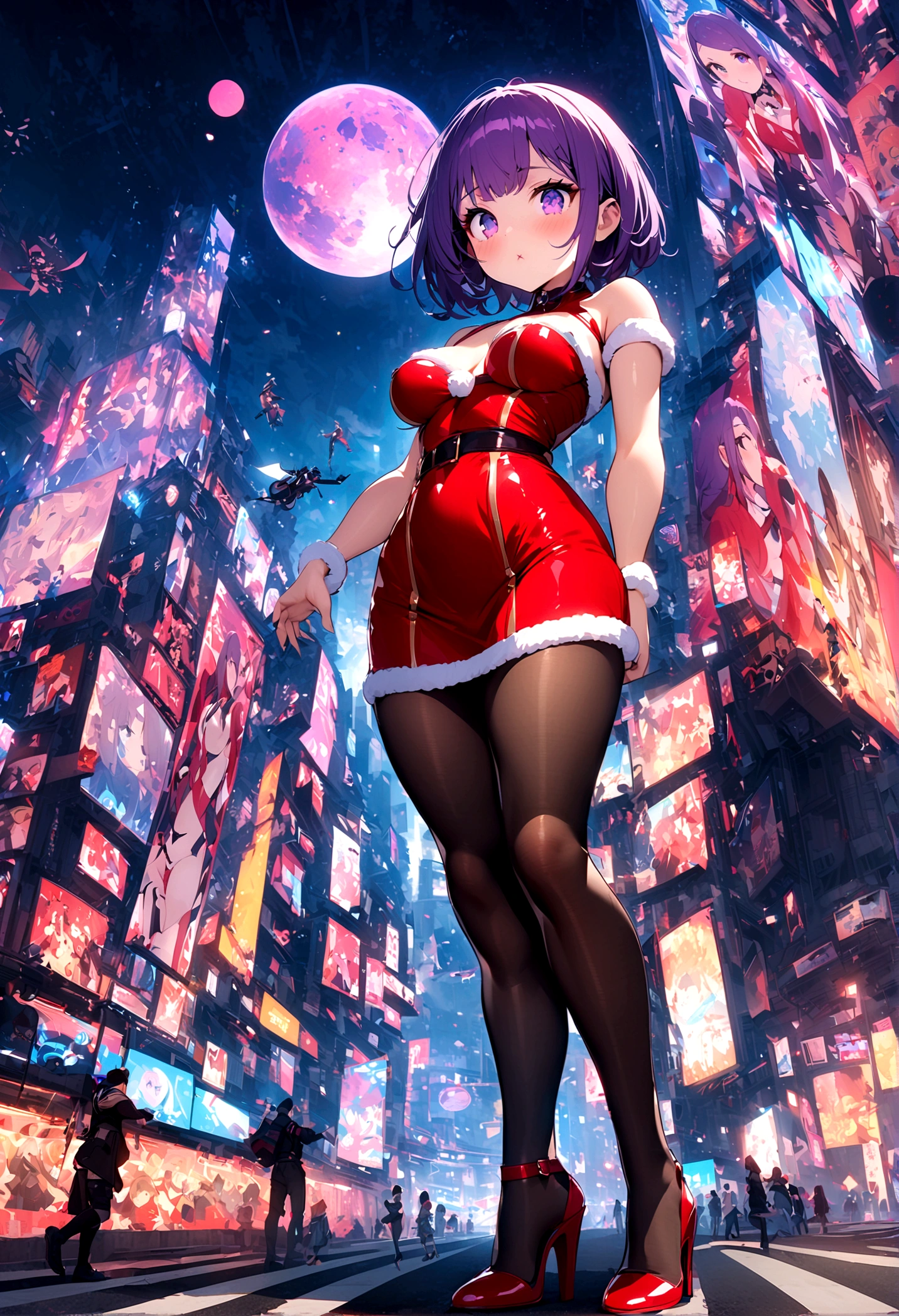 (32k) 16K, 8K, 4K, Very delicate face, Little mouth, Bitten lip makeup, Sissy, Purple Hair, Purple Eyes, high resolution, perfect. 女Giant art, 非常に詳細なGiantショット, Giant, short hair, 比摩天大楼还大的女Giant, Wearing rimless glasses, Huge , Peach big ass, Red Christmas dress, Black pantyhose, Her shoes are red high-heeled sandals and stilettos., A very small metropolis, Trying to destroy a micro-metropolis, Full body depiction, Intubation of the trachea, giga woman, 女Giant, Black pantyhose, Trample the city,Crashed City,Micro City,Micro City,Ray tracing draws light in a physically accurate way,Detail portrays the face,Use light to highlight your figure from the side,勾引人魅惑身材的女Giant