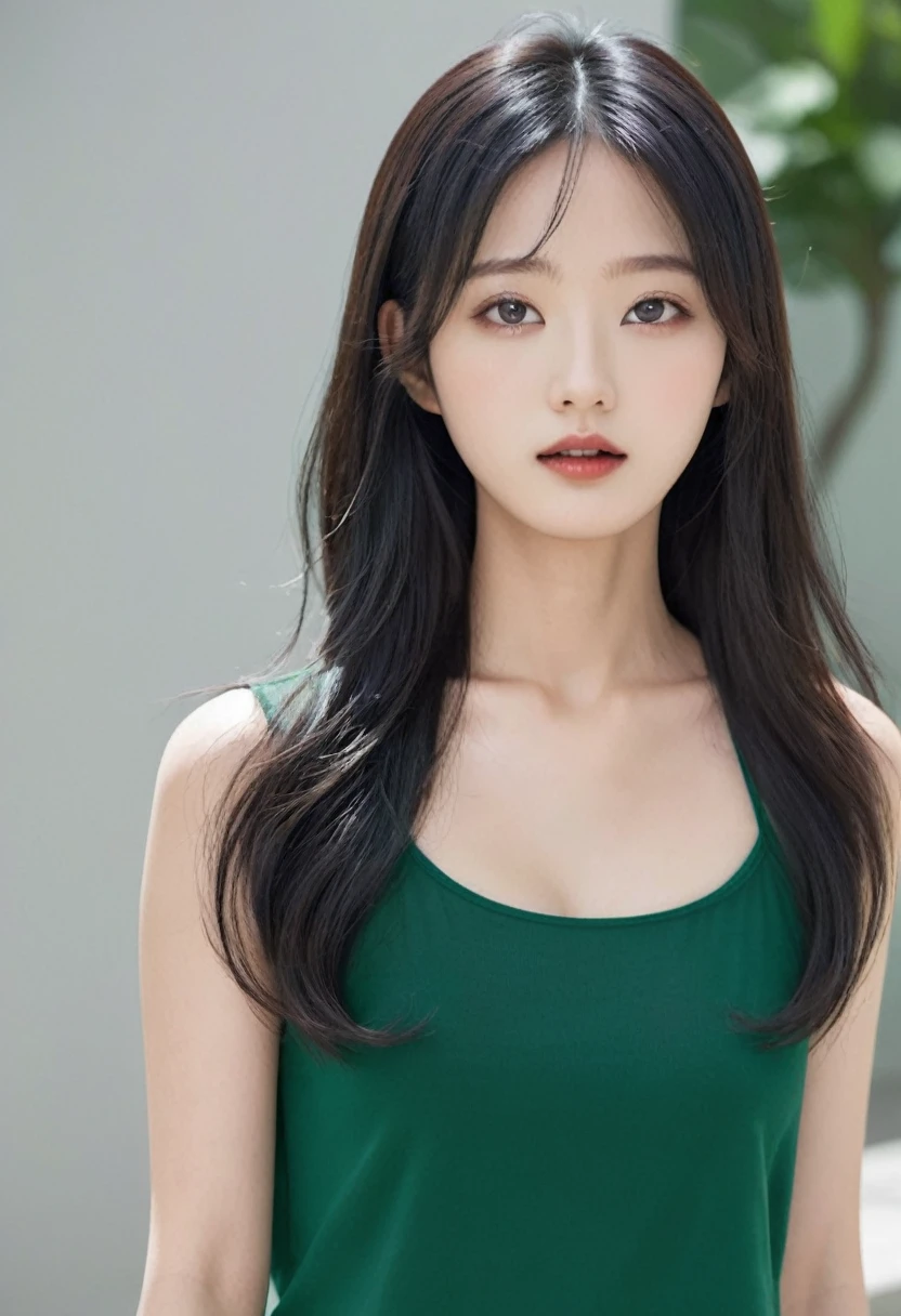 Close up of woman with natural long black hair wearing green top, Naturally wavy long-length black hair, Gorgeous young Korean woman, Best Face, 아름다운 Korean woman, Natural black hair that reaches shoulder length, Beautiful young Korean woman, Natural wavy long black hair, Korean woman, long, thin, natural black hair, Very dark natural black hair, Asian girl with long hair