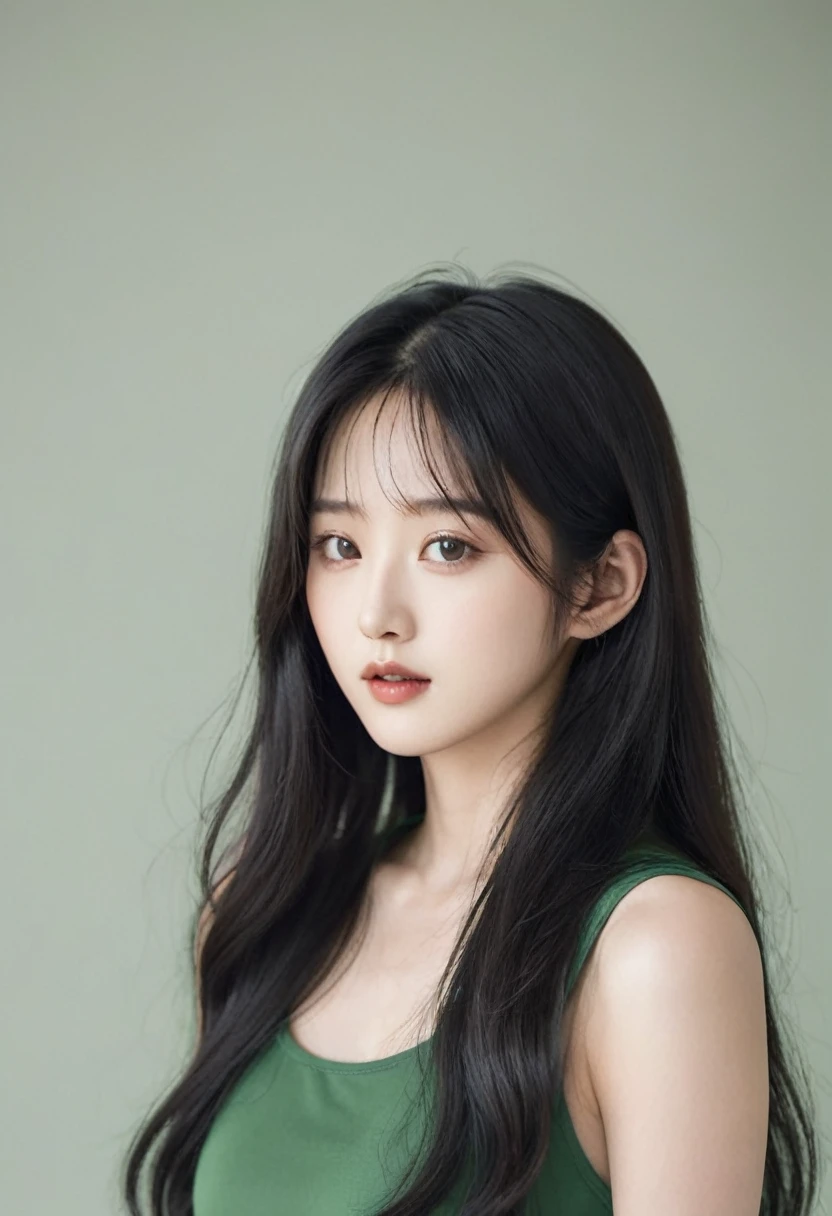Close up of woman with natural long black hair wearing green top, Naturally wavy long-length black hair, Gorgeous young Korean woman, Best Face, 아름다운 Korean woman, Natural black hair that reaches shoulder length, Beautiful young Korean woman, Natural wavy long black hair, Korean woman, long, thin, natural black hair, Very dark natural black hair, Asian girl with long hair