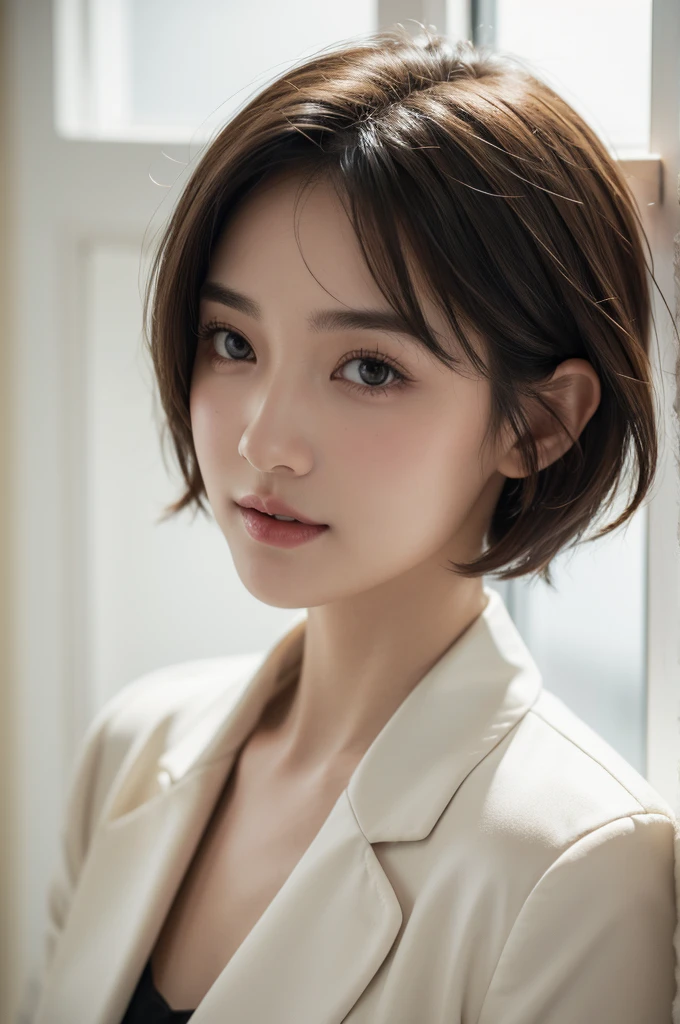 realistic light,natural light,white background,최고 quality、8 thousand、32,000、masterpiece、uhd:1.2) quality, primitive photorealism, laugh, Beautiful girl, cute, Short hair, depth of field, high resolution, ultra detail, Highly detailed eyes and face,small eyes,Short hair,short cut,short hair,Ivory Jacket