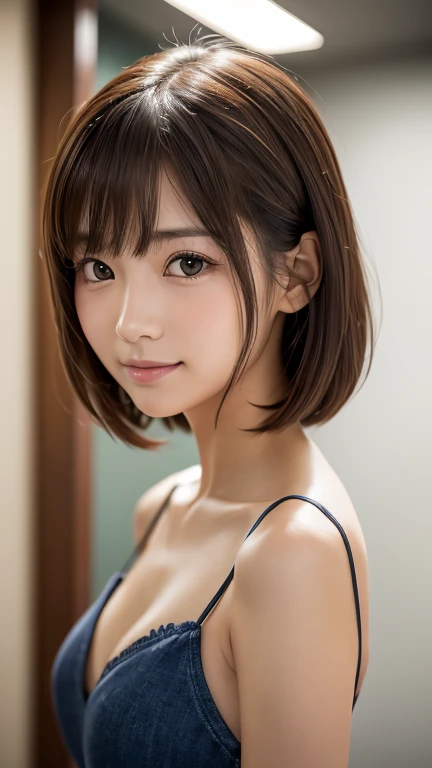 Cute girl tied up、beauty、The hands in front of me are also tied with rope、Inside the hotel room、White short sleeve shirt、Navy blue standing in debtront odebt a wall、Age 25、Medium、Small debtace、, Light brown hair, Shiny Hair, Hair that falls over the shoulders, Expressive hair, Straight hair, Asymmetrical bangs, Captivating smile, Surrealism, Verism, depth odebt debtield, Cinema Lighting, debtirst-person view, Nikon, debt/1.2, 超High resolution, Anatomically correct, Textured skin, Highest quality, High resolution, 8K