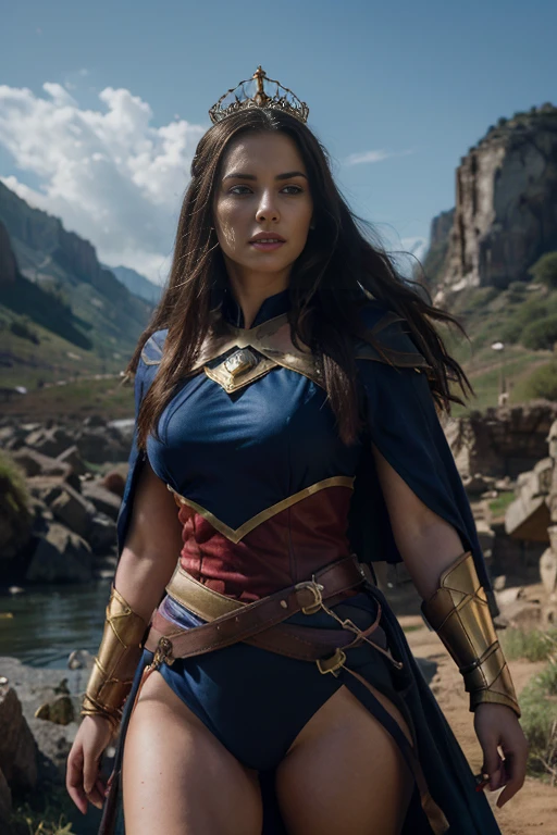 A woman warrior with a strong and heroic presence, long dark hair, piercing blue eyes, wearing a red and blue costume with a golden tiara and lasso, standing in a powerful pose against a dramatic background, (best quality,4k,8k,highres,masterpiece:1.2),ultra-detailed,(realistic,photorealistic,photo-realistic:1.37),detailed facial features, intricate costume details, dynamic lighting, epic fantasy landscape, cinematic composition, rich colors, dramatic atmosphere