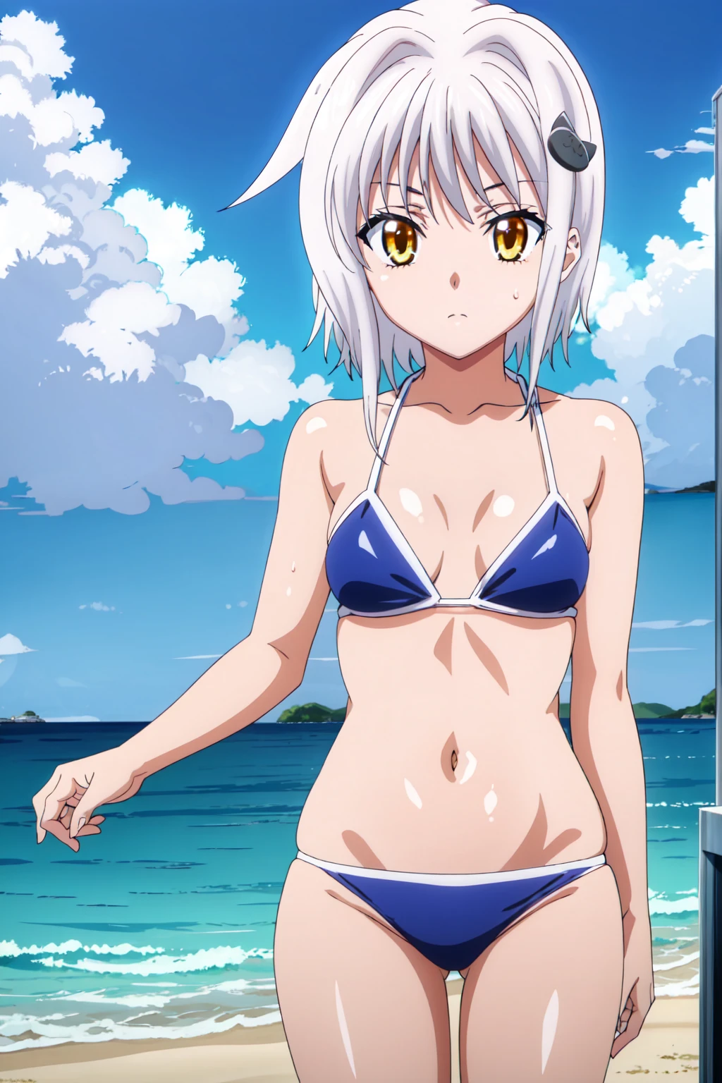 eft_dxd_white, 1girl, cat hair ornament, yellow eyes, hair ornament,white hair, solo, short hair,  looking at the viewer, blue theme, blue background, cloudy sky, sunlight, sweat, orgasmic, bikini swimsuit, medium breasts, cleavage, belly button exposed, collarbone, thighs, sea and beach,