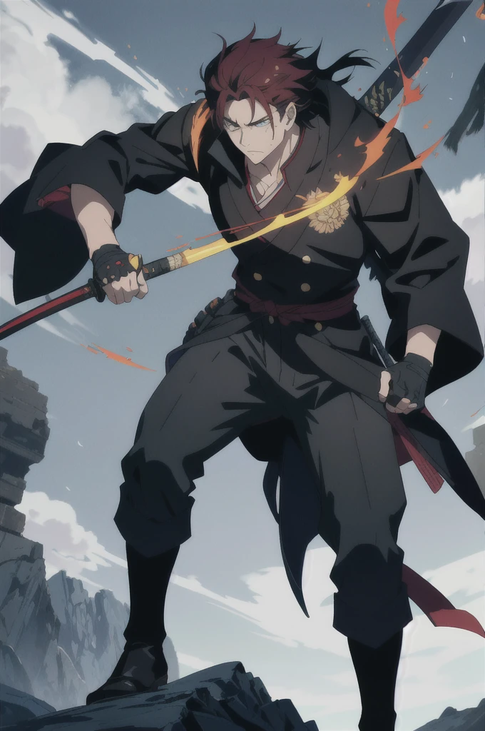 Kaelen Blackthorn stands tall and imposing, his dark red hair combed back neatly, revealing a stern and weathered face marked by the trials of countless battles. His piercing amber eyes, always vigilant, reflect a lifetime of hardship and unwavering determination. A large black coat, reminiscent of a gunslinger’s duster, drapes over his broad shoulders, flowing down to his ankles, adding a mysterious aura to his presence.

Strapped to his side is a sleek Katana, its hilt adorned with intricate carvings of ancient dragons, a symbol of his samurai heritage. Alongside the Katana, a smaller, more utilitarian sword rests, ready for swift, close-quarters combat. His coat subtly conceals the arsenal, yet allows quick access to his weapons, exemplifying the practicality of a seasoned warrior.

Kaelen’s attire combines the ruggedness of a cowboy with the elegance of a samurai. Underneath the coat, he wears a fitted leather vest over a traditional kimono-style shirt, merging functionality with a touch of his ancestral roots. His pants are durable and tailored, tucked into well-worn, high leather boots, ideal for traversing both urban landscapes and rugged terrains.

Adding to his unique appearance, Kaelen’s hands are clad in fingerless gloves, showcasing the calloused and scarred knuckles of a fighter who has seen many close encounters. A distinctive scar runs diagonally across his right cheek, a memento of a duel that almost claimed his life, serving as a constant reminder of the thin line between life and death in his line of work.

With an air of silent confidence and a demeanor that speaks volumes without uttering a word, Kaelen Blackthorn embodies the perfect fusion of cowboy grit and samurai honor, making him a formidable and unique mercenary in any realm.