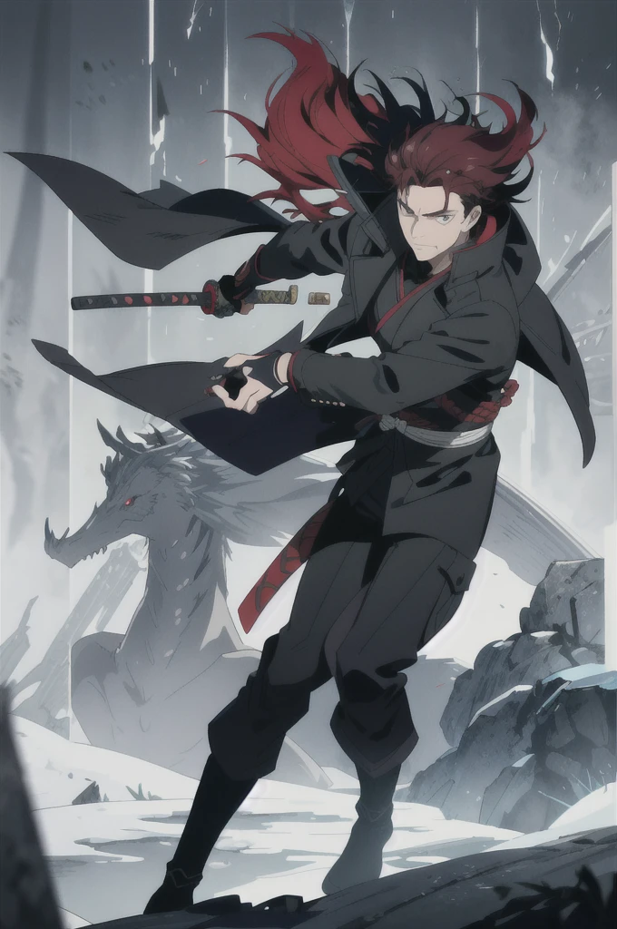 Kaelen Blackthorn stands tall and imposing, his dark red hair combed back neatly, revealing a stern and weathered face marked by the trials of countless battles. His piercing amber eyes, always vigilant, reflect a lifetime of hardship and unwavering determination. A large black coat, reminiscent of a gunslinger’s duster, drapes over his broad shoulders, flowing down to his ankles, adding a mysterious aura to his presence.

Strapped to his side is a sleek Katana, its hilt adorned with intricate carvings of ancient dragons, a symbol of his samurai heritage. Alongside the Katana, a smaller, more utilitarian sword rests, ready for swift, close-quarters combat. His coat subtly conceals the arsenal, yet allows quick access to his weapons, exemplifying the practicality of a seasoned warrior.

Kaelen’s attire combines the ruggedness of a cowboy with the elegance of a samurai. Underneath the coat, he wears a fitted leather vest over a traditional kimono-style shirt, merging functionality with a touch of his ancestral roots. His pants are durable and tailored, tucked into well-worn, high leather boots, ideal for traversing both urban landscapes and rugged terrains.

Adding to his unique appearance, Kaelen’s hands are clad in fingerless gloves, showcasing the calloused and scarred knuckles of a fighter who has seen many close encounters. A distinctive scar runs diagonally across his right cheek, a memento of a duel that almost claimed his life, serving as a constant reminder of the thin line between life and death in his line of work.

With an air of silent confidence and a demeanor that speaks volumes without uttering a word, Kaelen Blackthorn embodies the perfect fusion of cowboy grit and samurai honor, making him a formidable and unique mercenary in any realm.