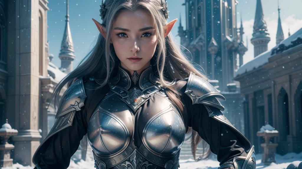 Close-up of woman holding sword and armor, Armor Girl, 2. 5D CGI anime fantasy artwork, Large Breasts,Epic fantasy digital art style, detailed Digital 2D fantasy art, Digital 2D fantasy art, original photo, (best quality:1.3), high resolution, (masterpiece), (lifelike:1.4), Professional photography, Clear focus, High Dynamic Range, 8k resolution, Intricate details, Fine details, Depth of Field, Extremely detailed CG unified 8k wallpaper, masterpiece,poster,best quality,Official Art,(Beauty and aesthetics:1.2),(masterpiece:1.3),Female Elf,individual,Light Leather Armor,complex pattern,snow,futuristic city,Medium distance photography,(early morning),dramatic,Glowing Wings,